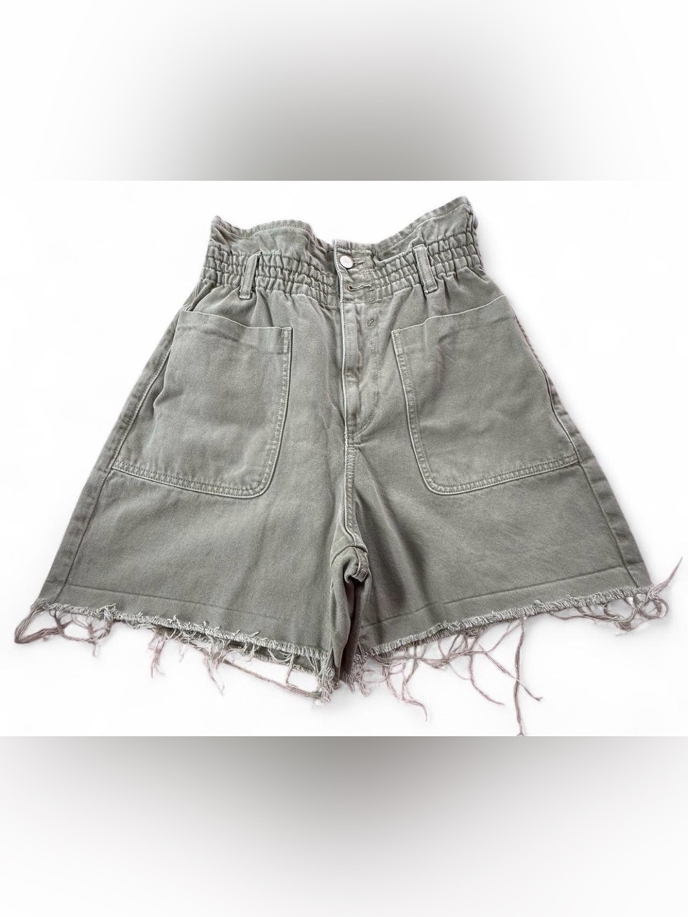 Zara High-Waist Sage Green Paperbag Utility Shorts